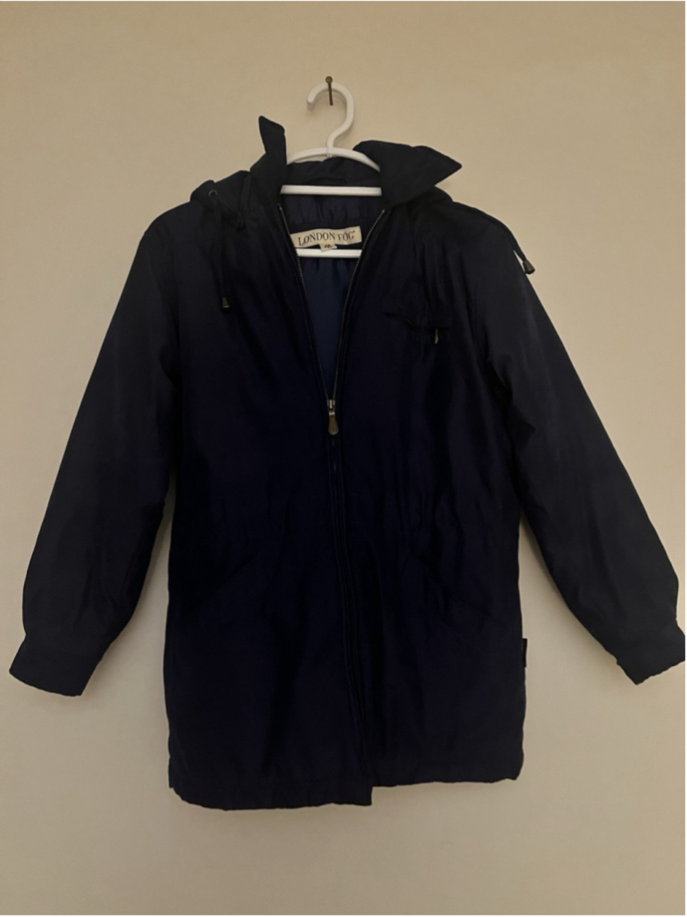 London Fog Rain Coat Womens PXS Petite Blue Hooded Full Zip Mid Length Lined - Picture 3 of 4
